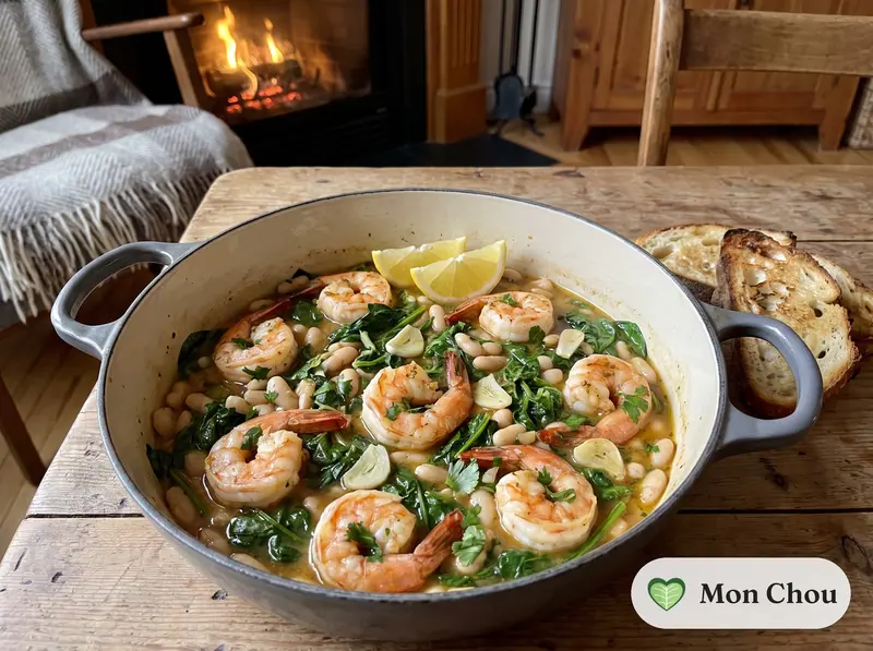 Crevettes sautées à l&rsquo;ail, haricots blancs et épinards