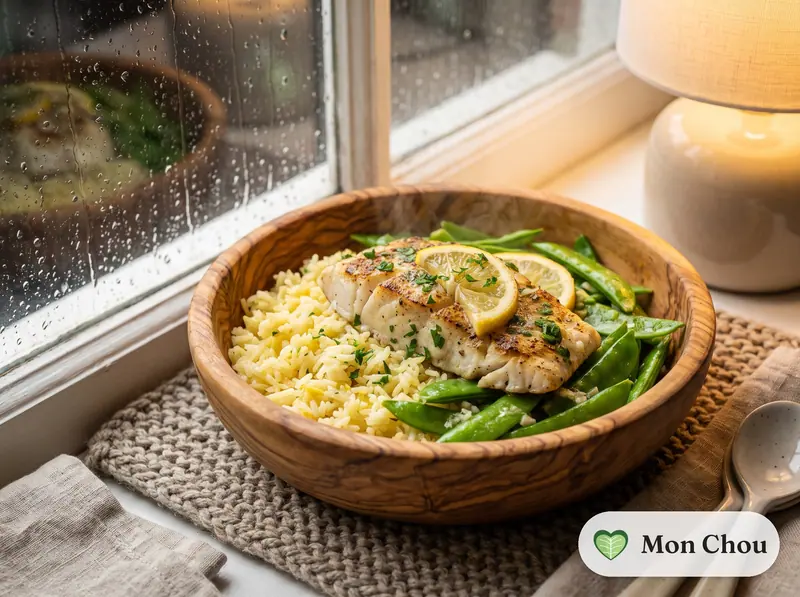 Lieu noir, pois gourmands et riz au citron