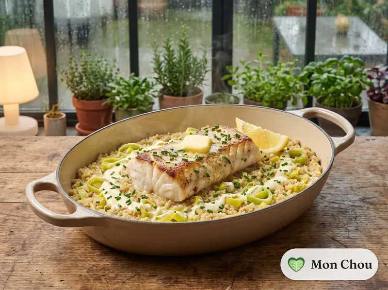 Quinoa crémeux aux poireaux et cabillaud poêlé