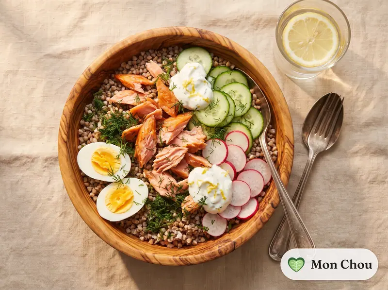 Salade de sarrasin au saumon fumé et concombre