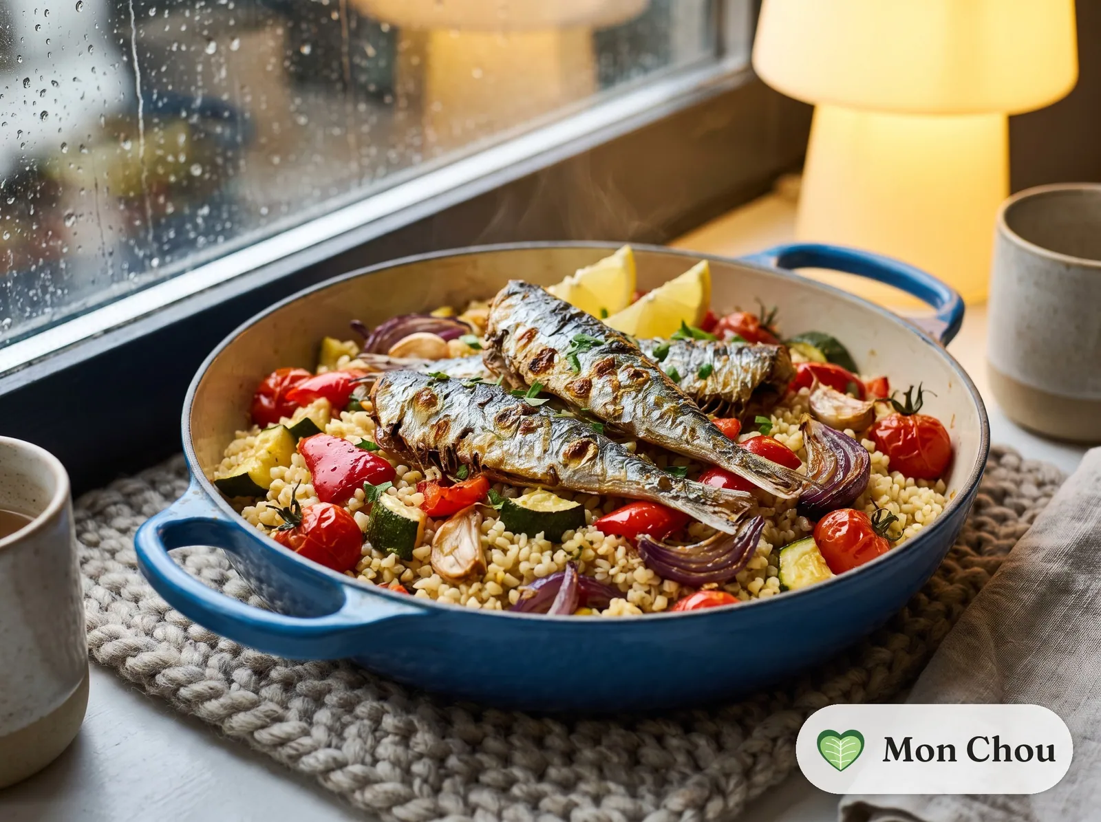Sardines rôties et boulgour aux légumes du soleil
