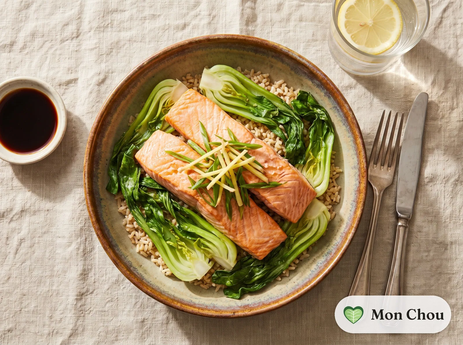Steamed salmon with ginger, bok choy and rice