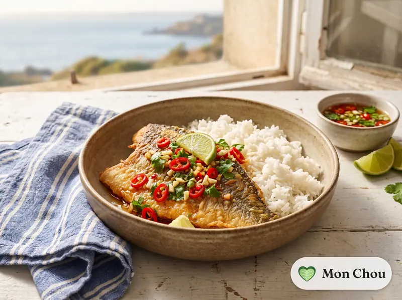 Poisson frit sauce nuoc-mâm et riz