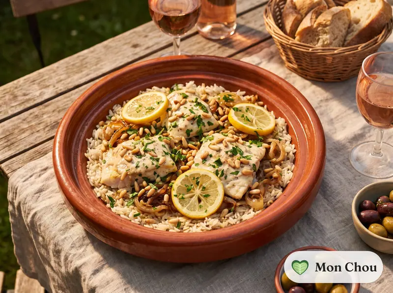 Lebanese fish tajen with tahini and rice