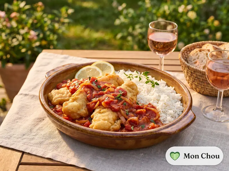 Beer battered pollock fillets with tomato sauce and rice