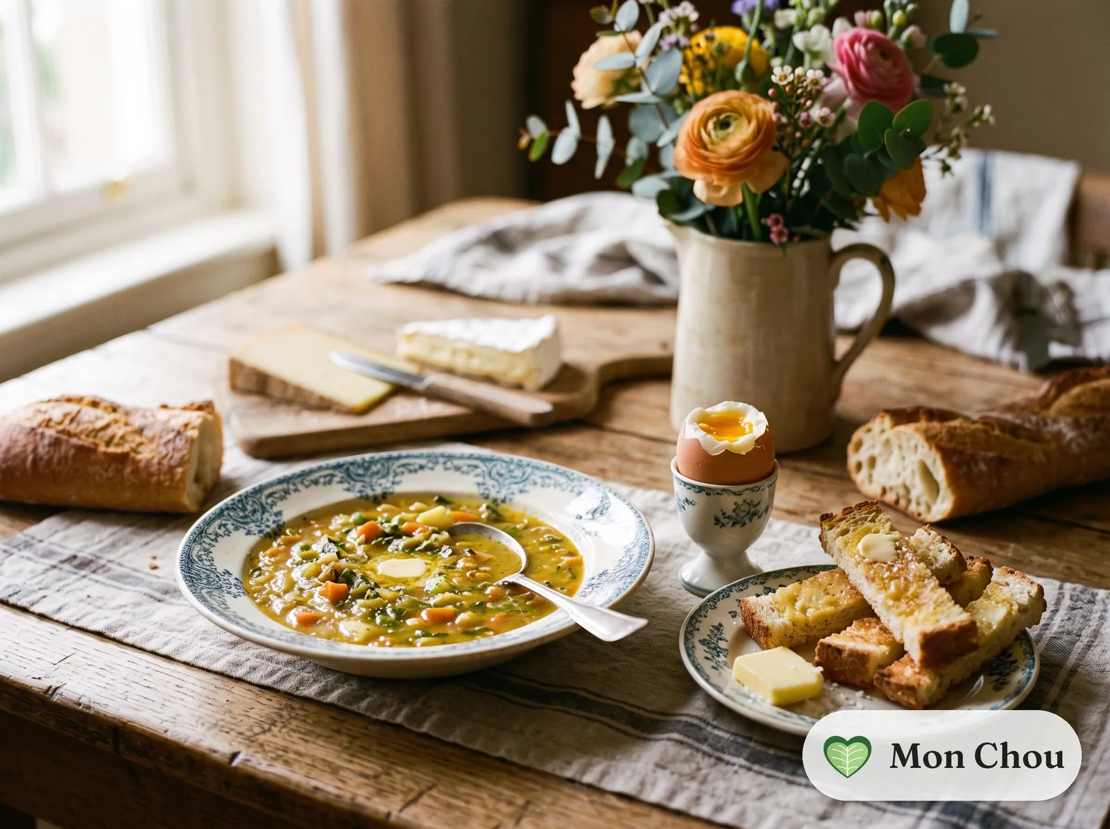 Weich gekochte Eier mit Brotstreifen und Gemüsesuppe