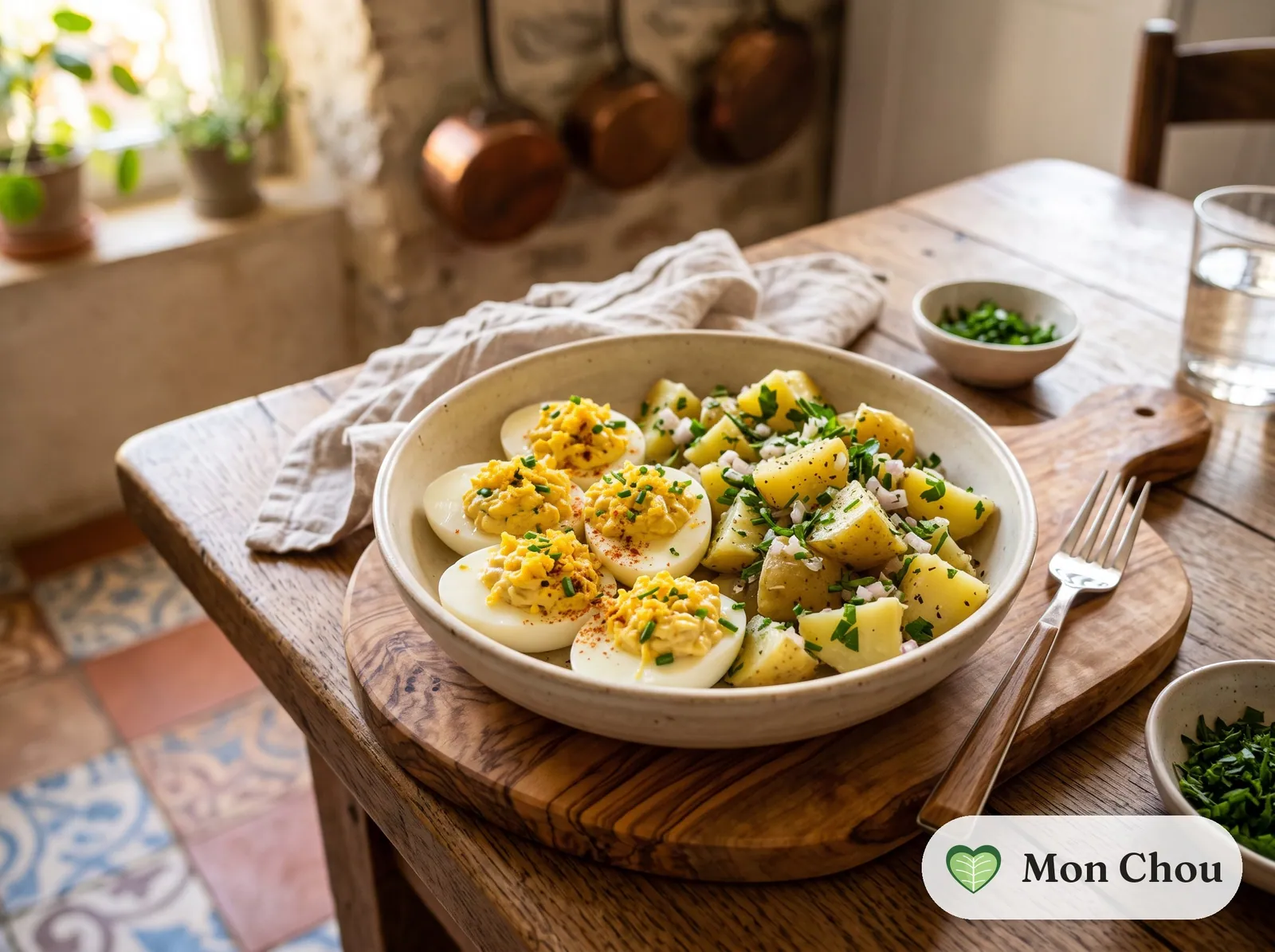 Deviled eggs with warm potato salad