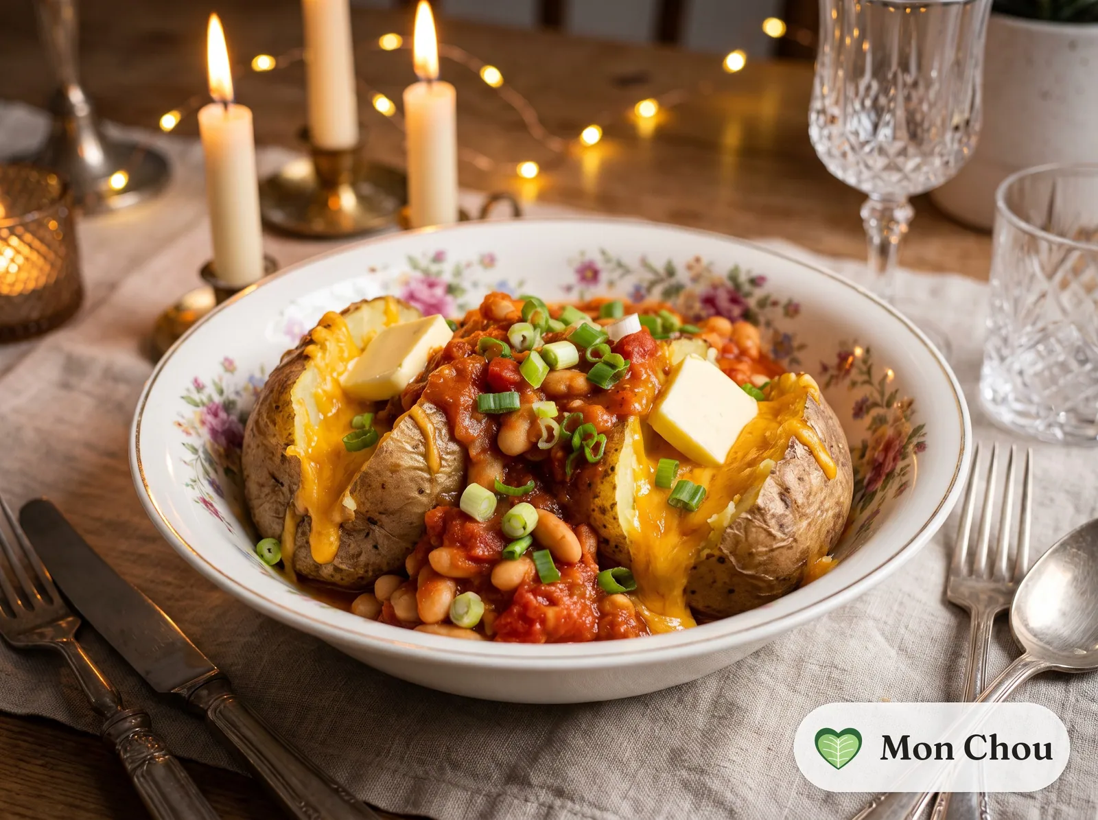 Baked potatoes with tomato beans and cheddar