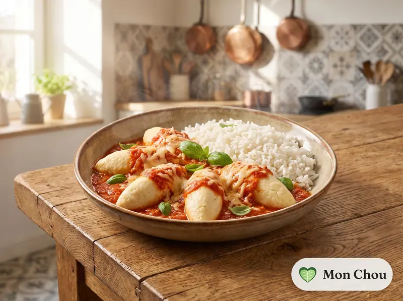 Plain quenelles with tomato sauce and rice