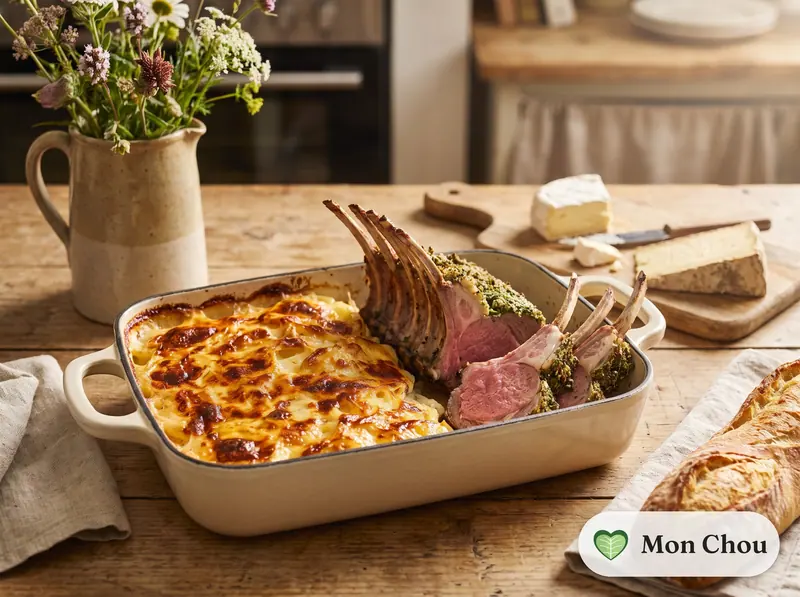 Carré d&rsquo;agneau en croûte d&rsquo;herbes et gratin dauphinois