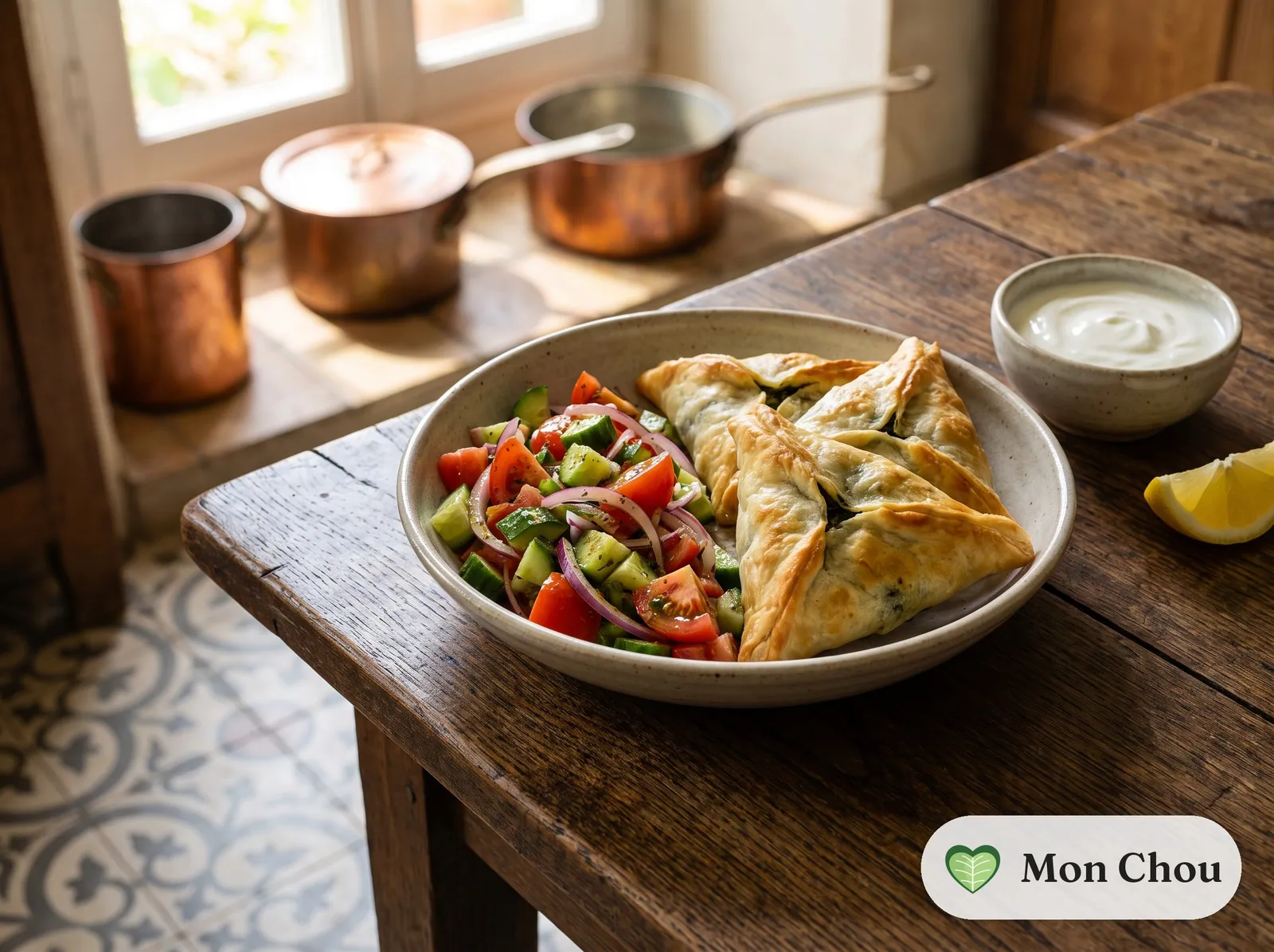 Spinach fatayer with tomato and cucumber salad