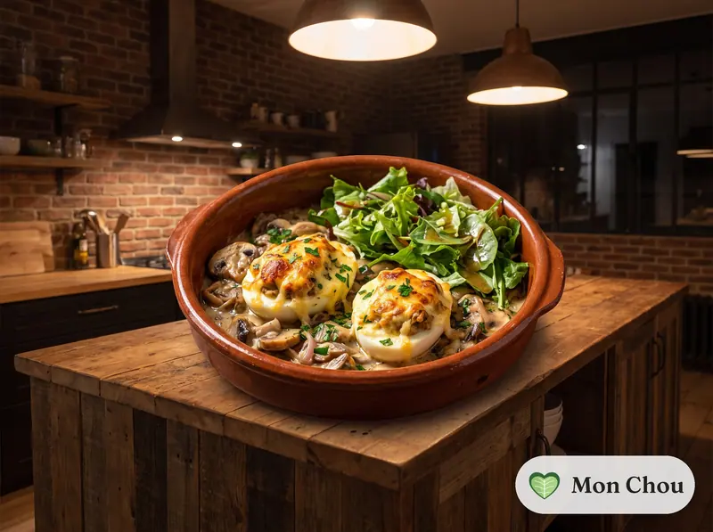 Überbackene gefüllte Eier mit Pilzen und grünem Salat
