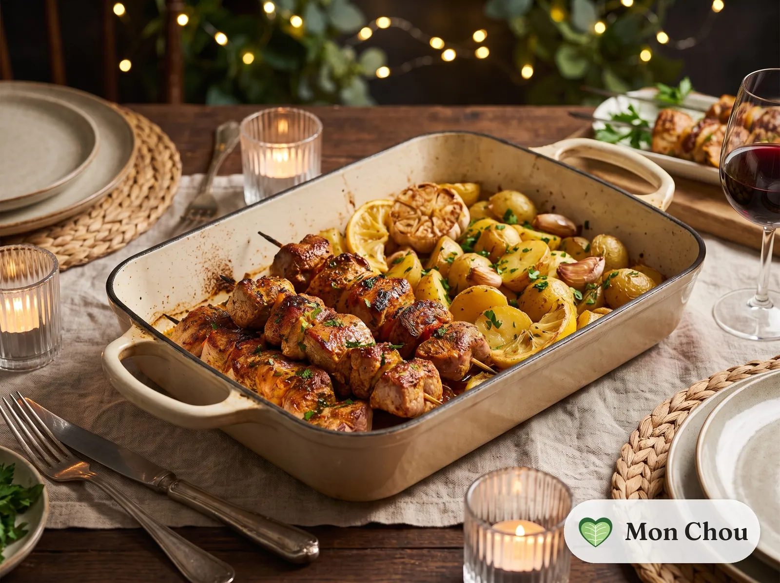 Pinchos morunos et pommes de terre au four