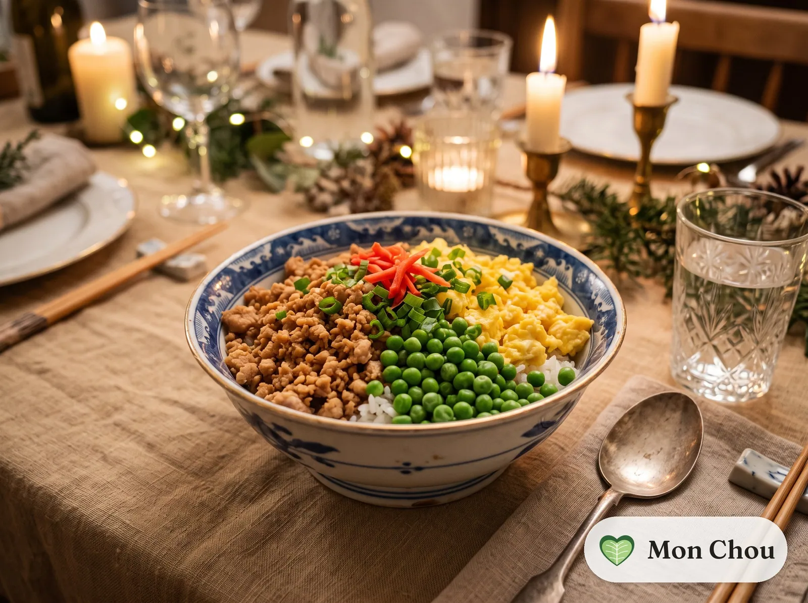Chicken soboro don with scrambled eggs and peas