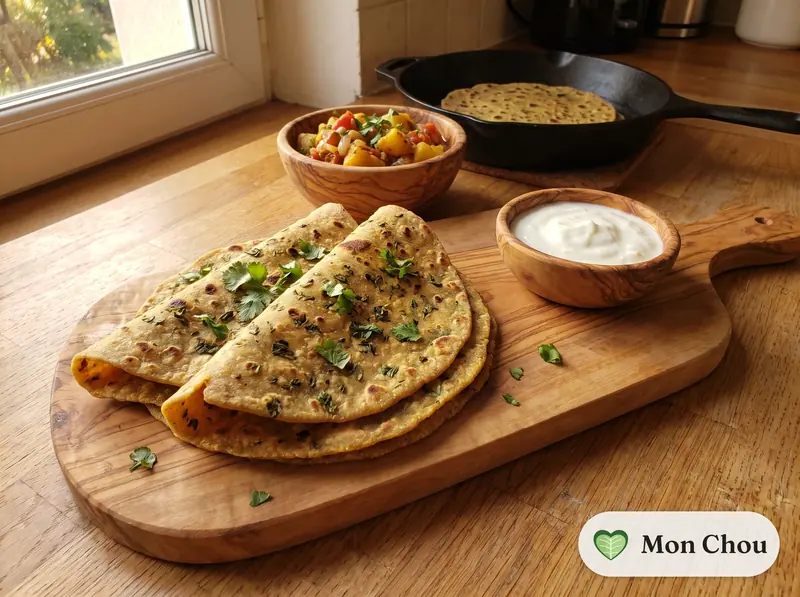 Thepla mit Bockshornklee, Joghurt und Kartoffelcurry