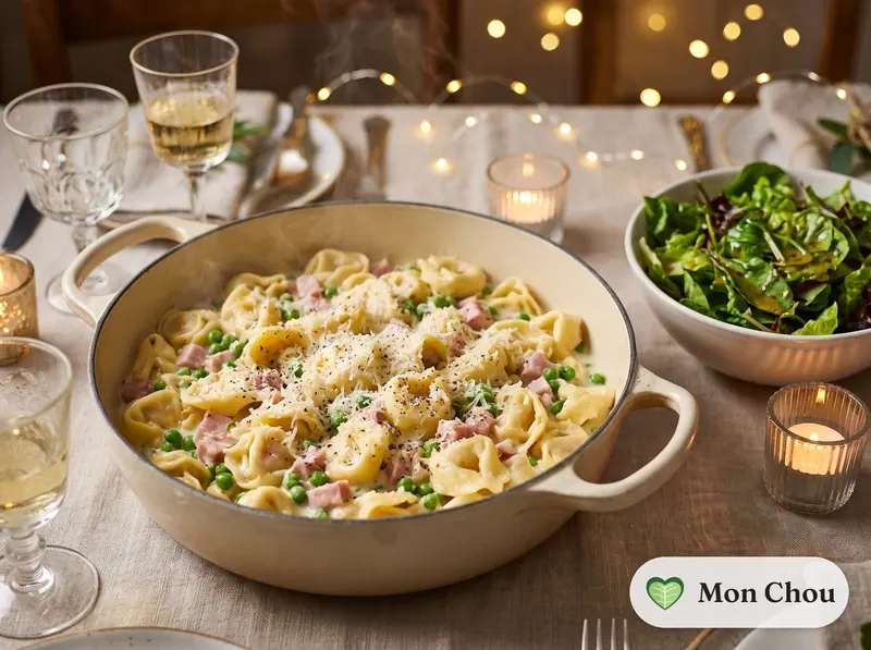 Tortellinis à la crème et au jambon, salade verte