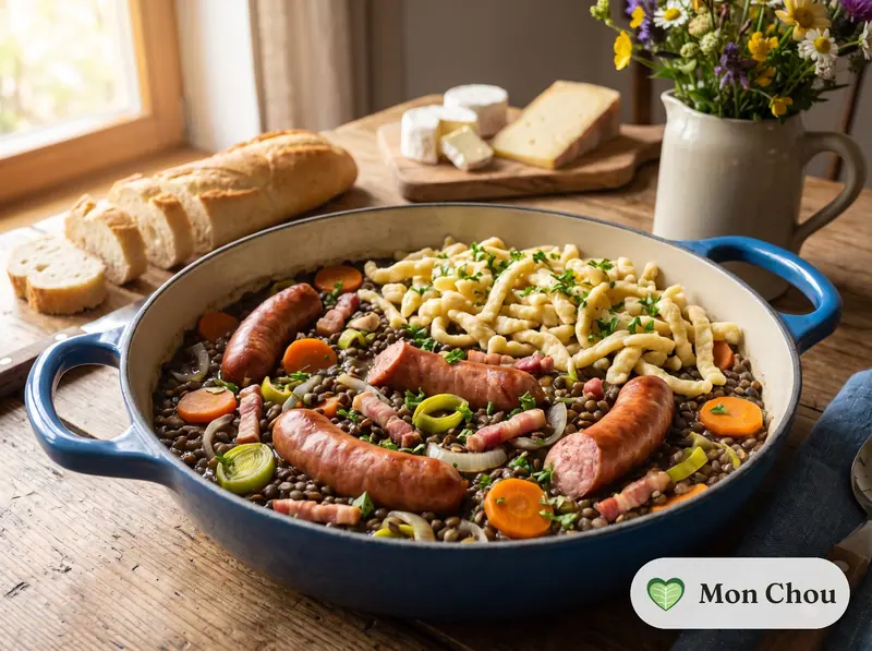 Lentilles souabes, spätzle et saucisses