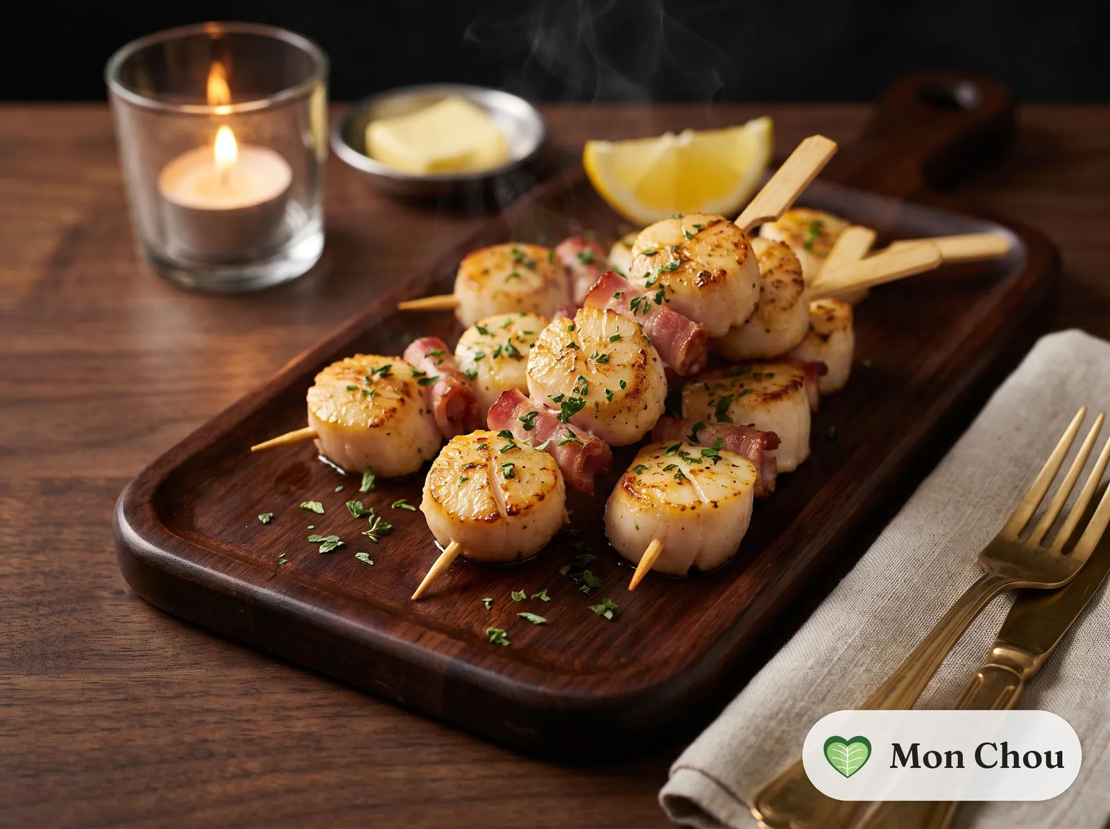 Bacon wrapped scallop skewers