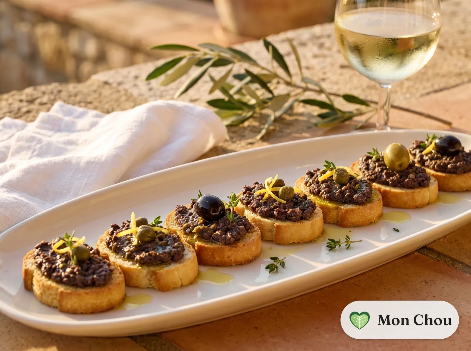 Olive tapenade on crostini