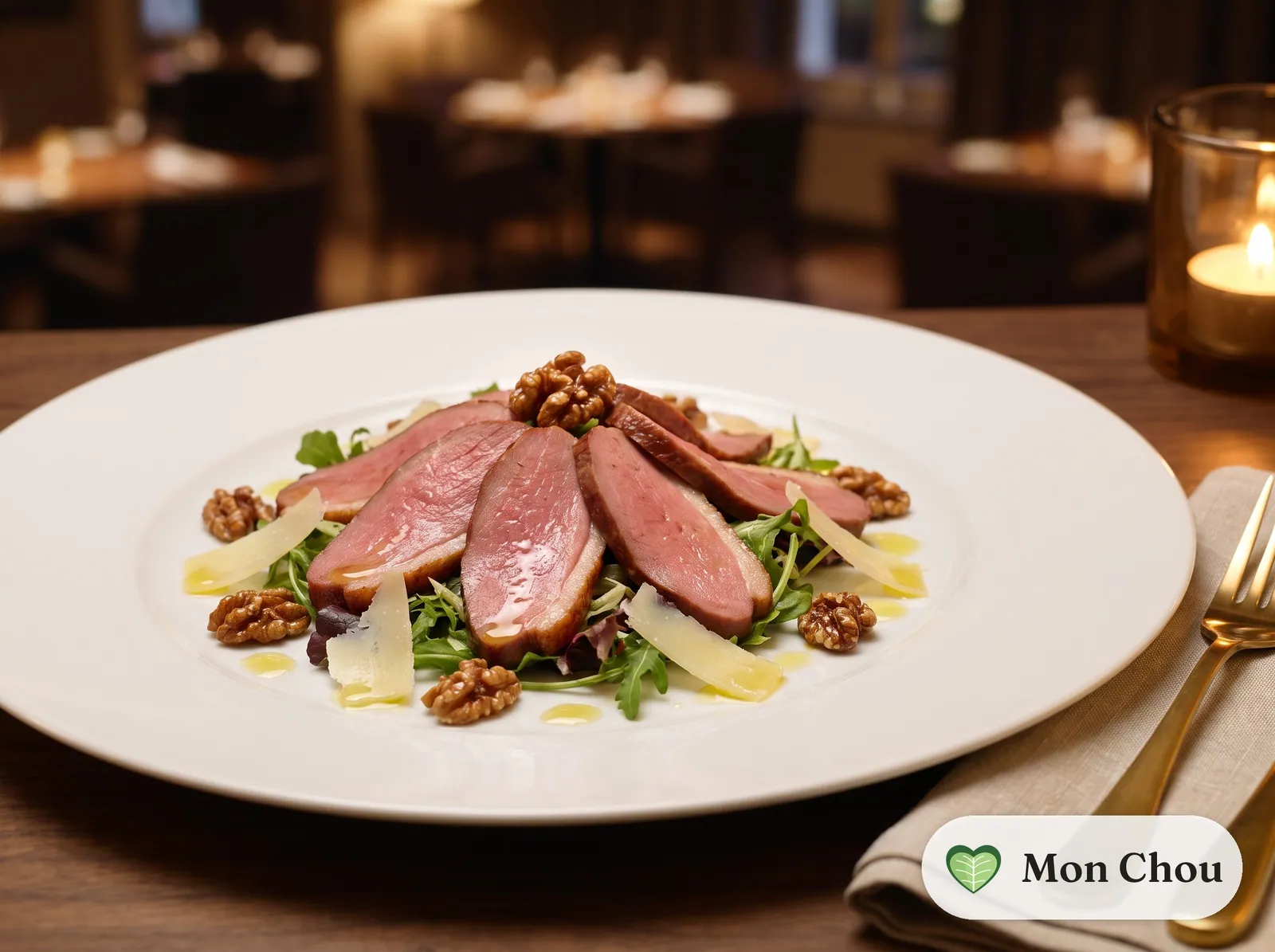 Magret fumé et salade de noix