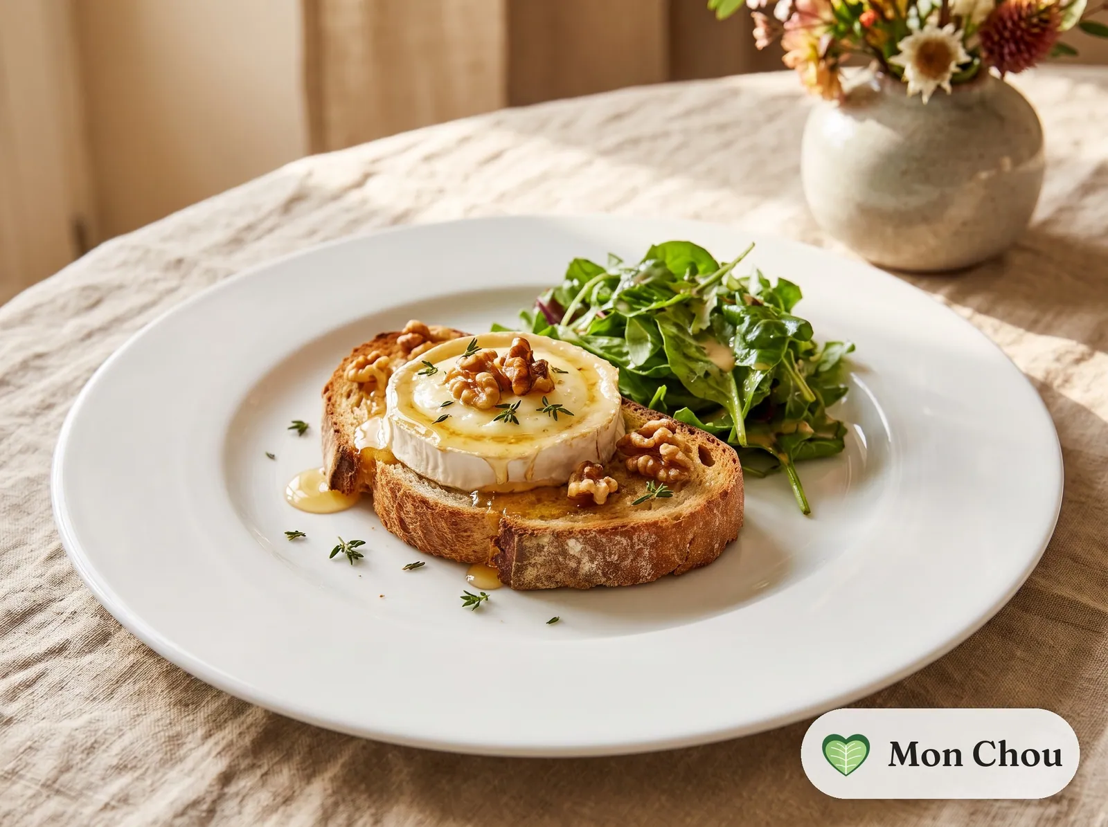 Warm goat cheese toasts with honey and walnuts
