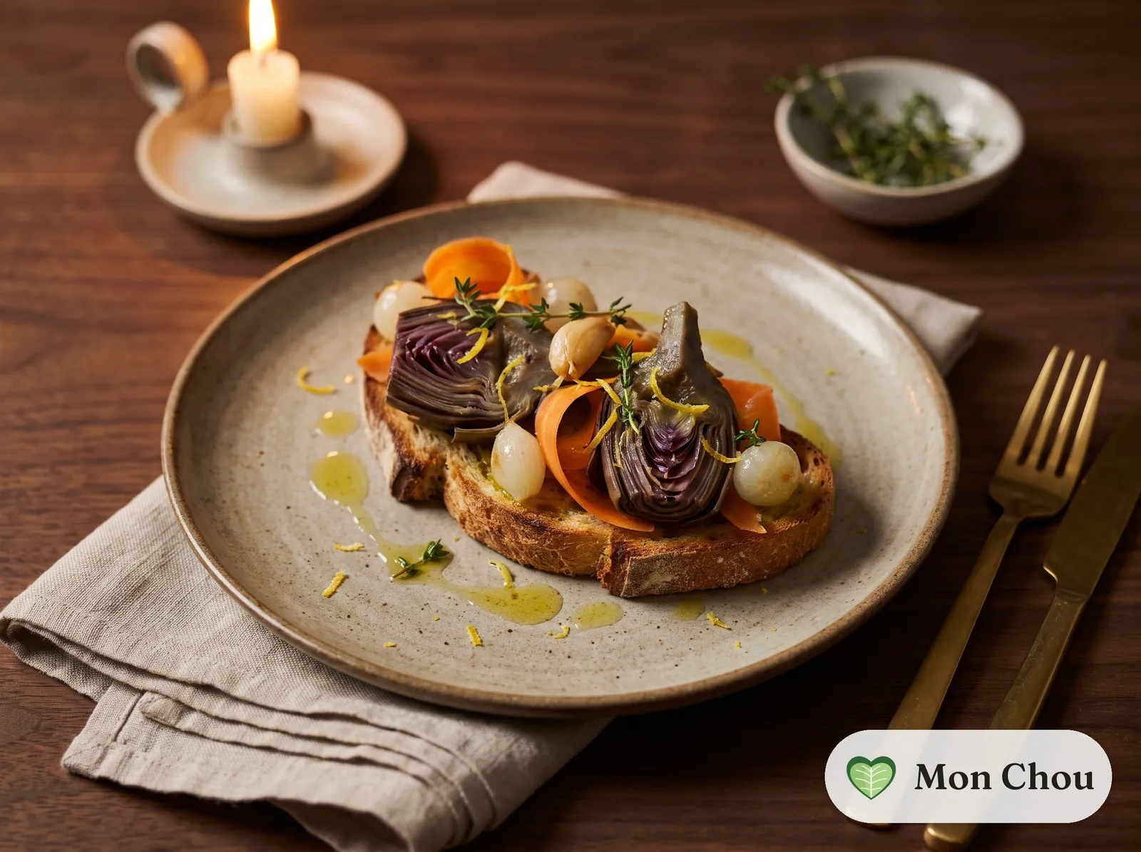 Artichoke barigoule bruschetta