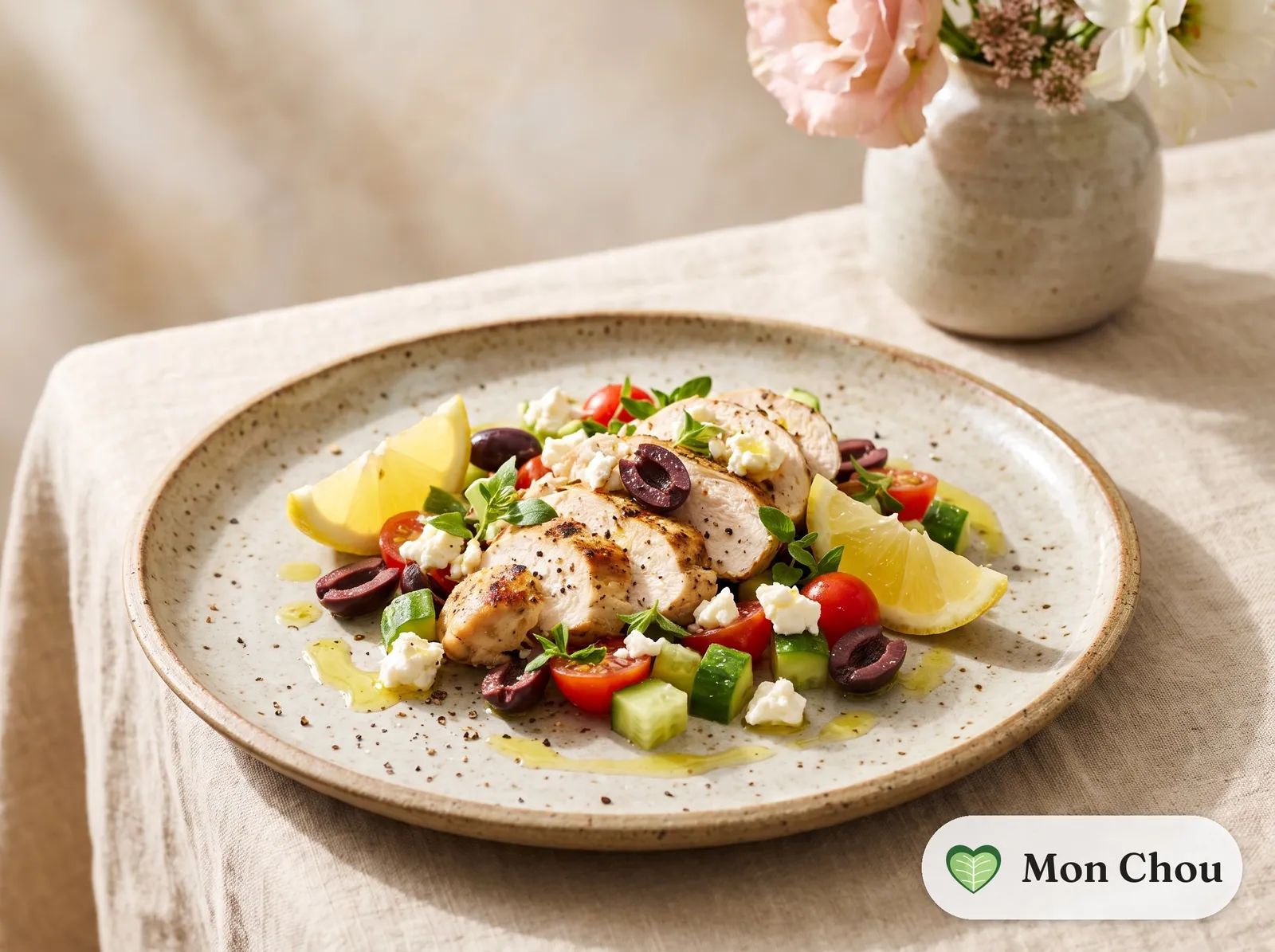 Grilled chicken salad with olives