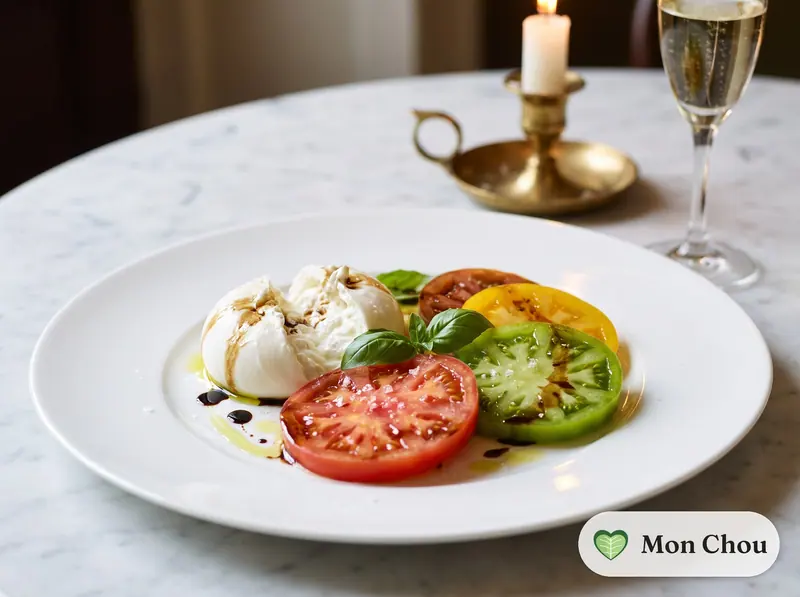 Burrata, tomates anciennes et basilic