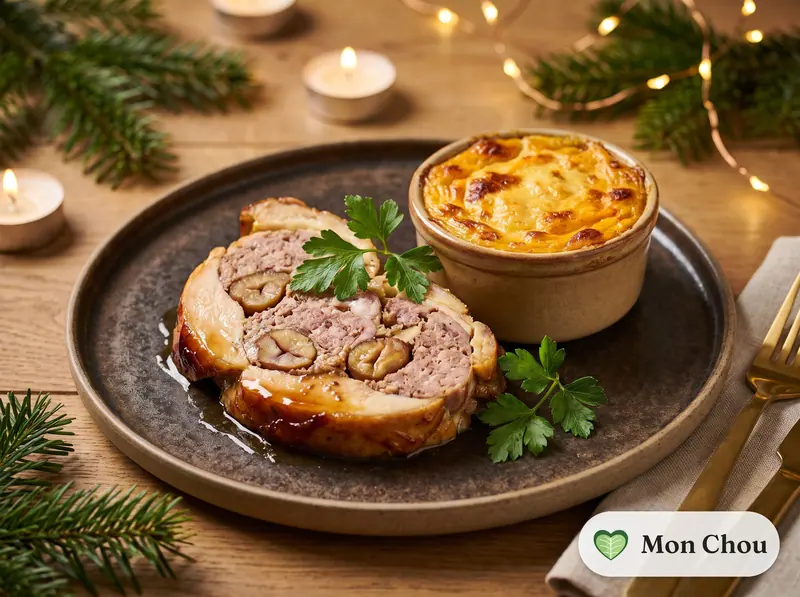 Chapon farci aux marrons et gratin de potiron