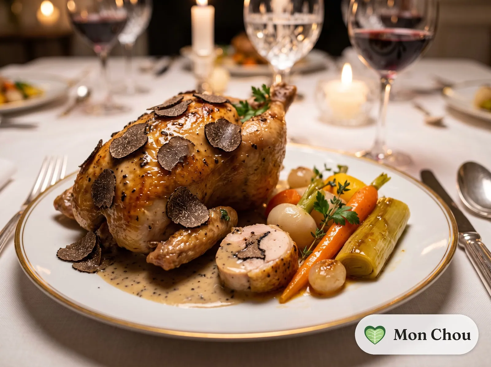 Chicken demi deuil with glazed vegetables