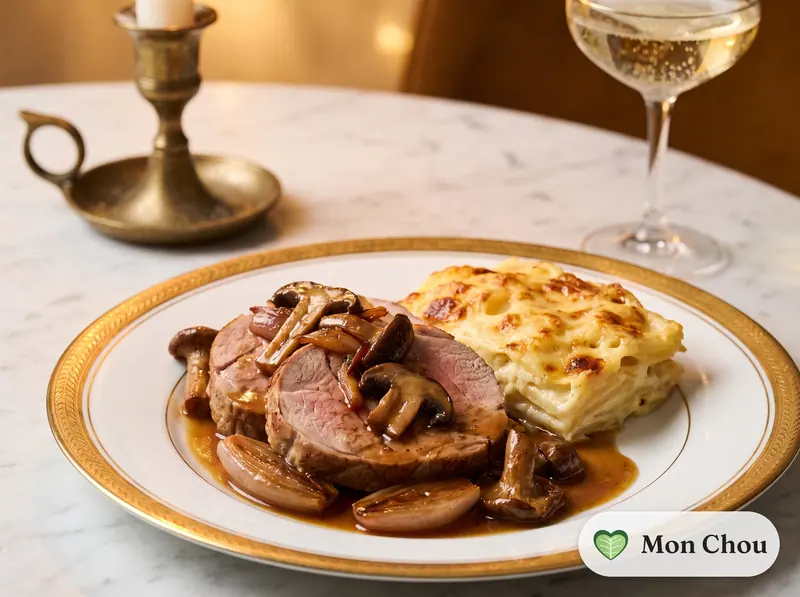 Roast veal with mushrooms and gratin dauphinois