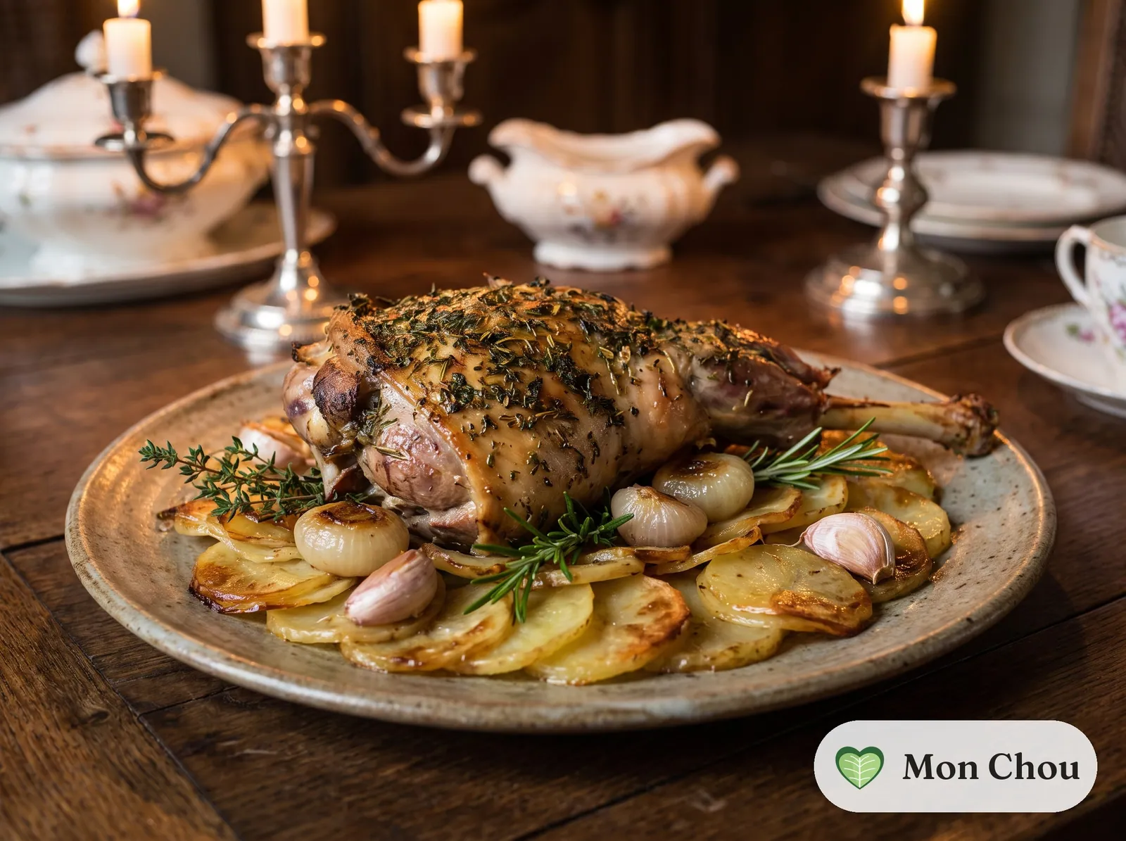 Roast milk fed lamb with pommes boulangères