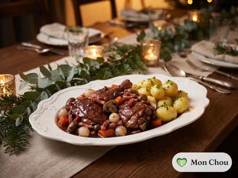 Coq au vin et pommes vapeur