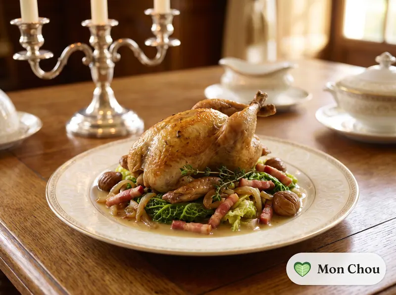 Roast pheasant with braised cabbage and bacon lardons