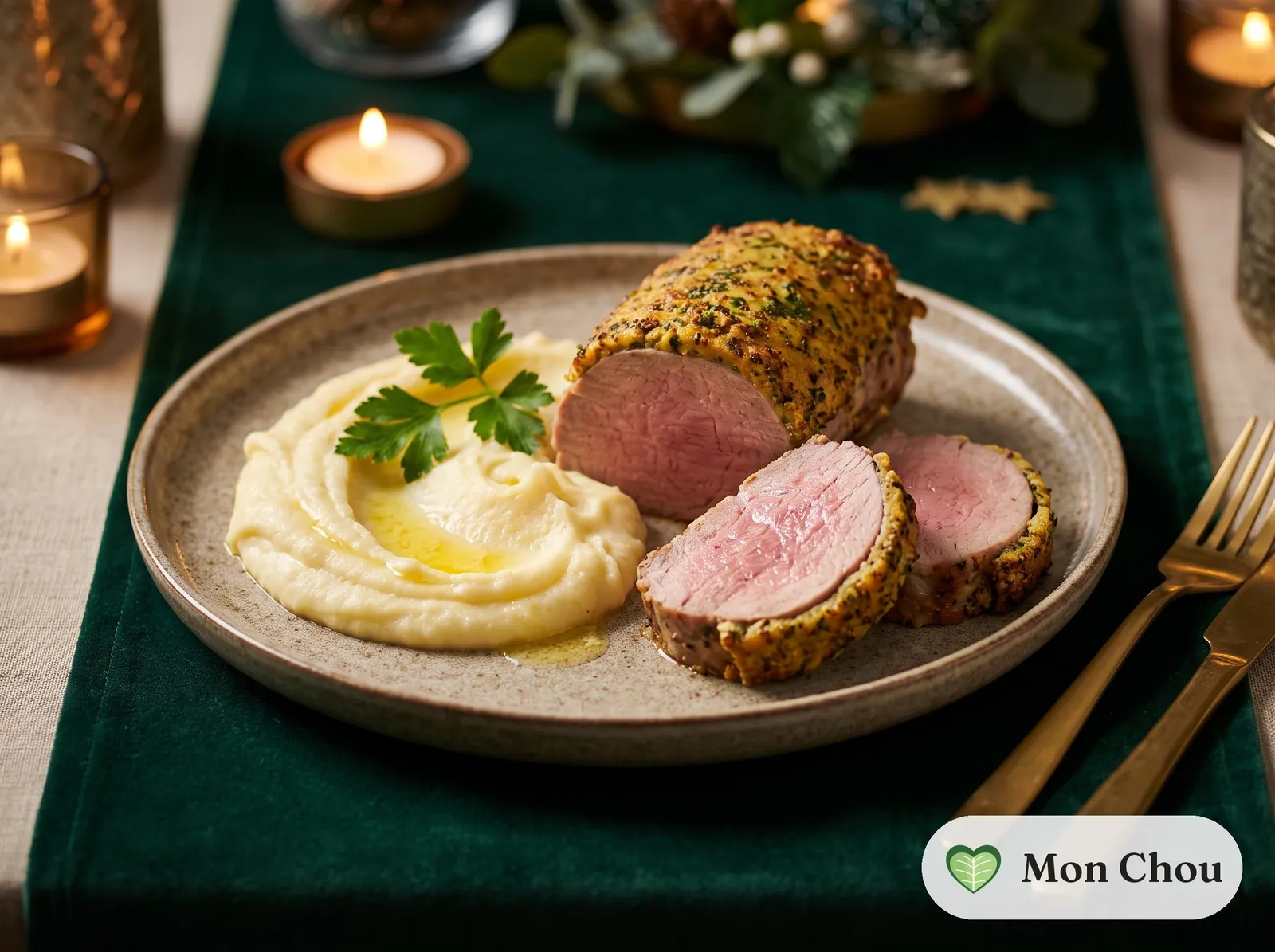 Filet mignon de porc en croûte de moutarde et purée de panais