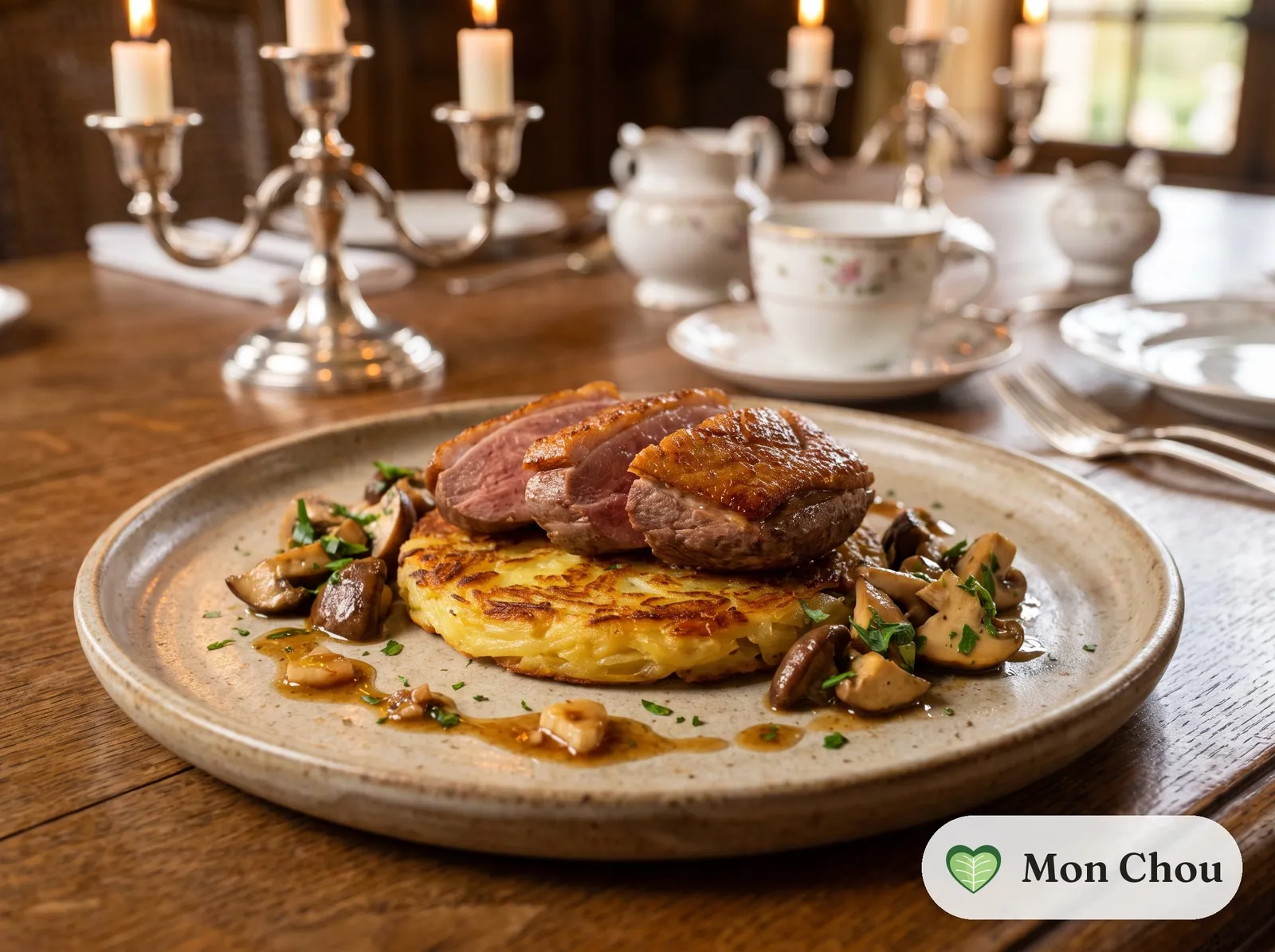 Magret de canard aux cèpes et galette de pommes de terre