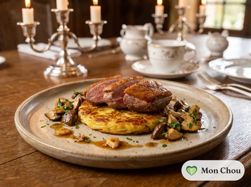 Magret de canard aux cèpes et galette de pommes de terre