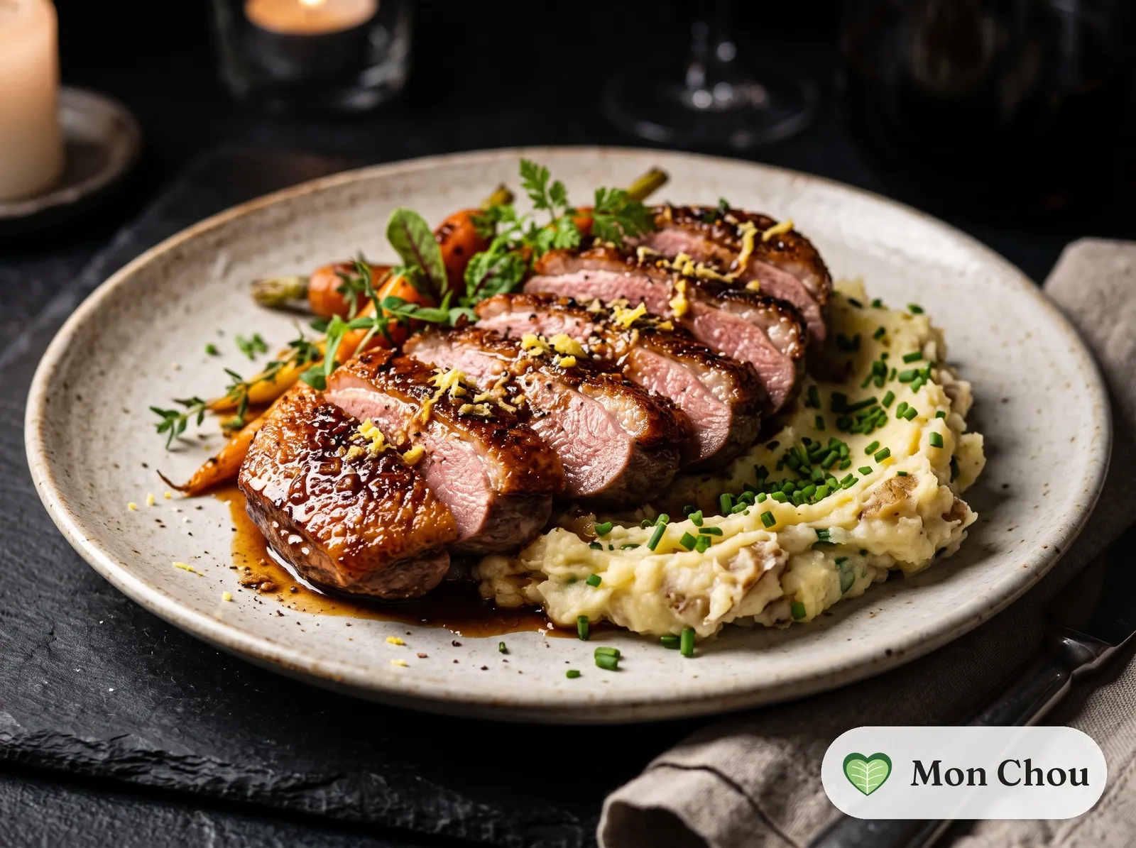 Honey glazed duck breast with mashed potatoes
