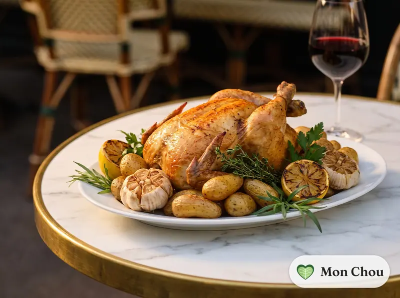 Poulet fermier rôti aux herbes et pommes grenaille