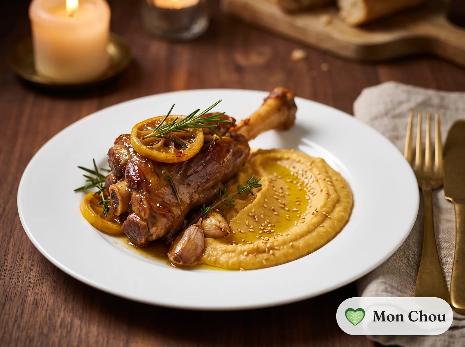 Souris d&rsquo;agneau confite et purée de pois chiches