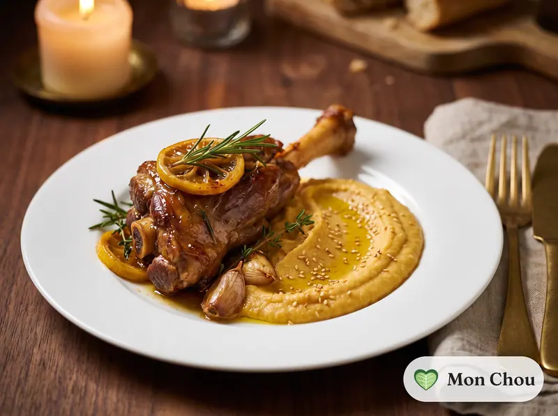 Souris d&rsquo;agneau confite et purée de pois chiches