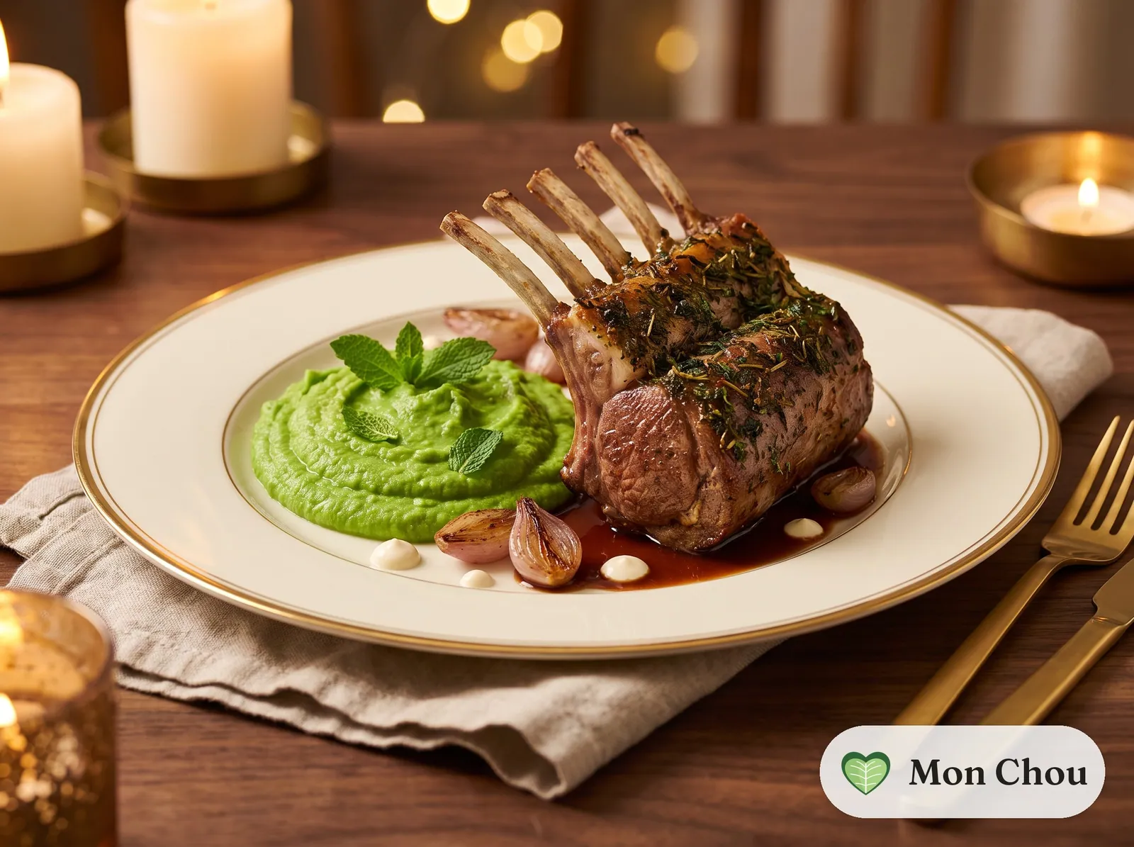 Carré d&rsquo;agneau rôti et purée de petits pois
