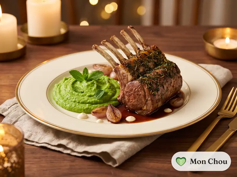 Carré d&rsquo;agneau rôti et purée de petits pois