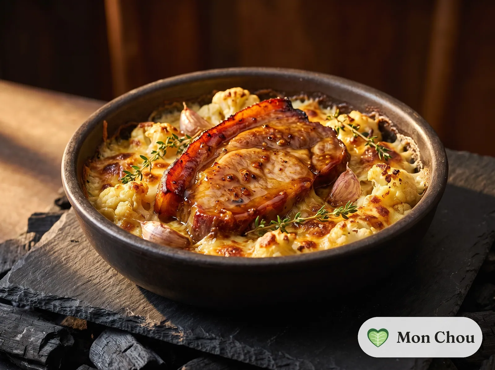 Échine de porc confite et gratin de chou-fleur