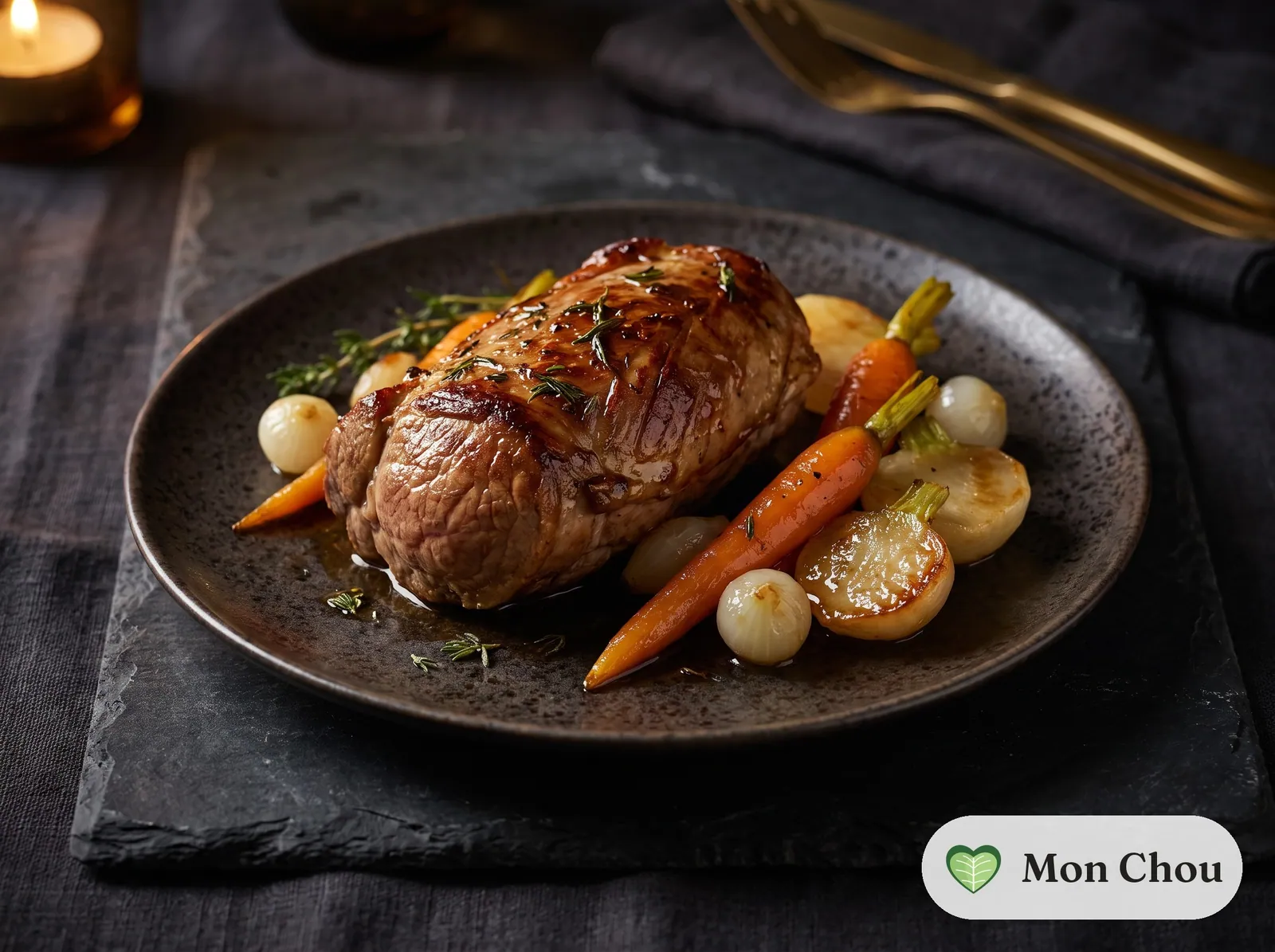 Quasi de veau rôti et petits légumes glacés