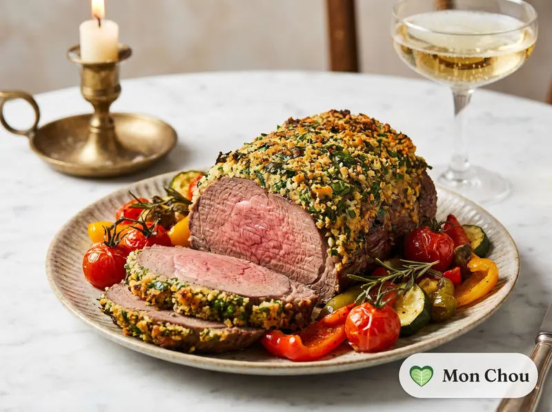 Rôti de bœuf en croûte d&rsquo;herbes et légumes du soleil