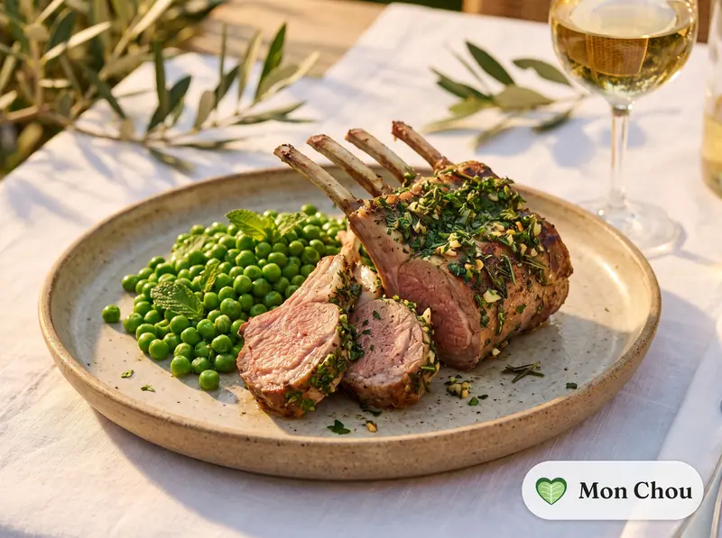 Carré d&rsquo;agneau aux herbes fraîches et petits pois à la menthe