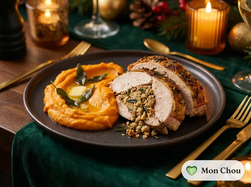 Dinde rôtie à l&rsquo;américaine et purée de patates douces
