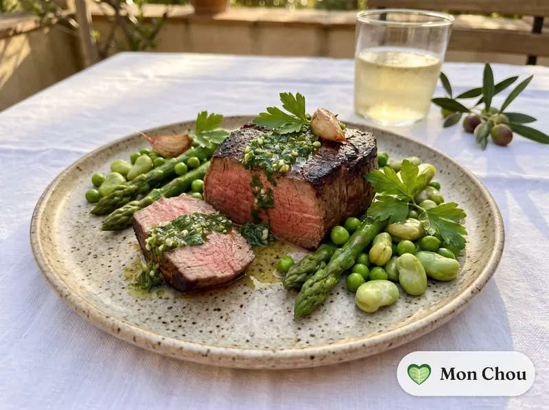 Filet de bœuf grillé, sauce chimichurri et légumes de printemps