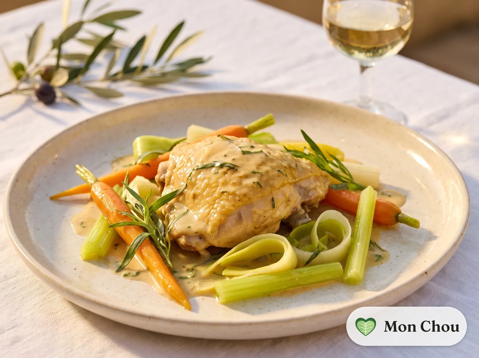 Poulet fermier poché à l’estragon et légumes croquants